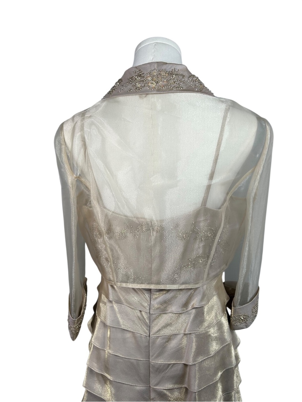 Alex Evenings Beaded Tiered Maxi Gown & Sheer Bolero Jacket Champagne 10P - Picture 4 of 15
